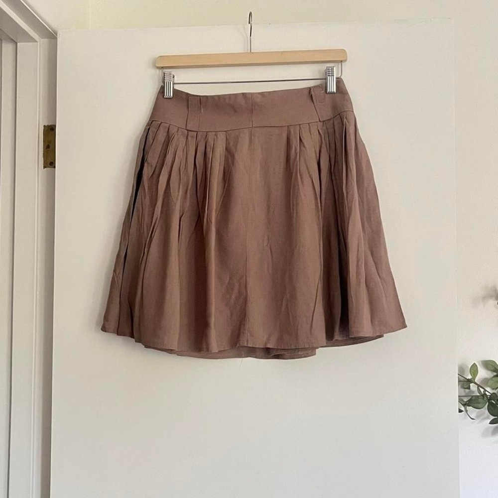 Korean Linen Romantic Style Soft Brown Linen Pleated Skirt With Pockets